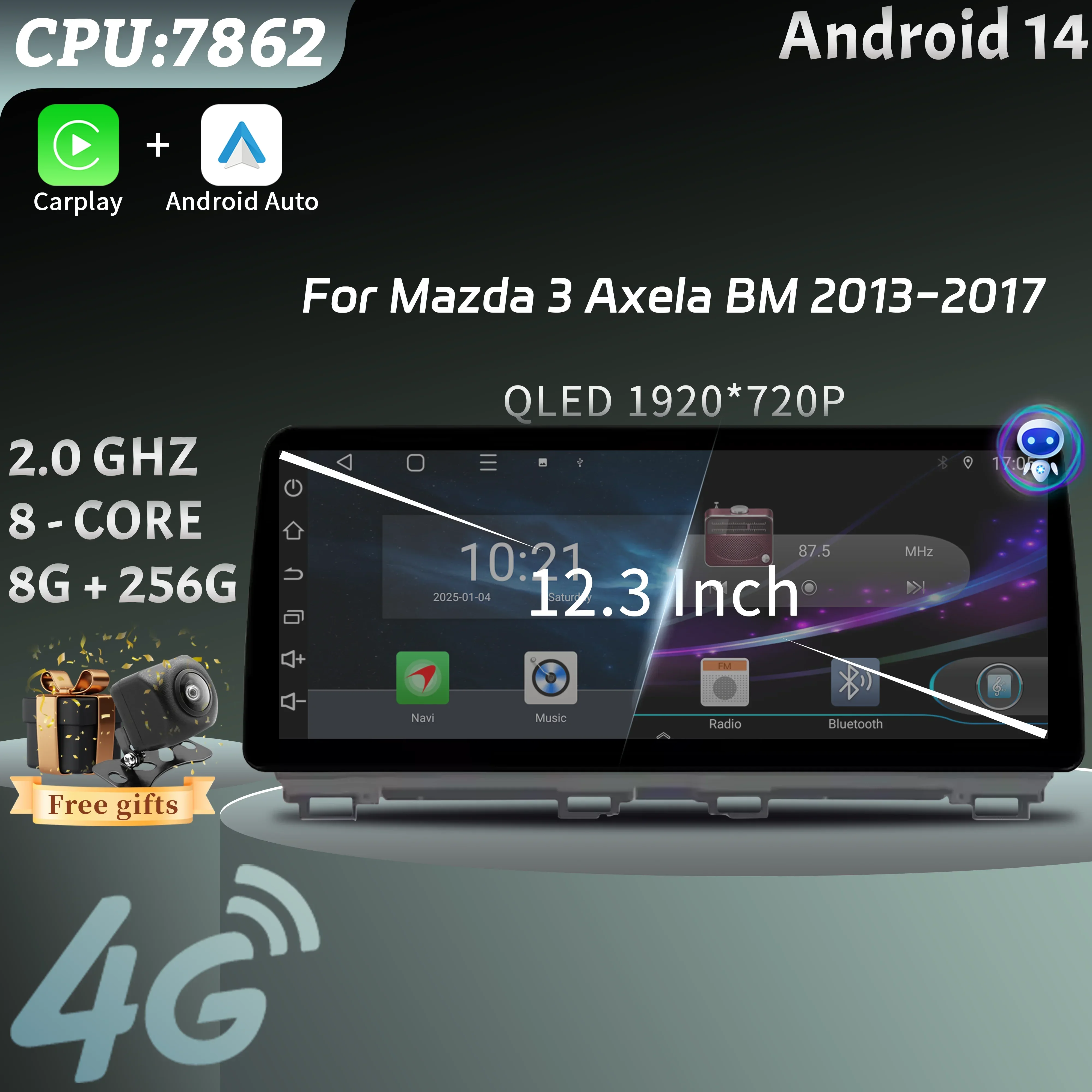 

12,3-дюймовый автомобильный радиоприемник, мультимедийный GPS для Mazda 3 Axela BM 2013-2017, Android 14 навигация, беспроводной BT Carplay, головное устройство, экран, стерео