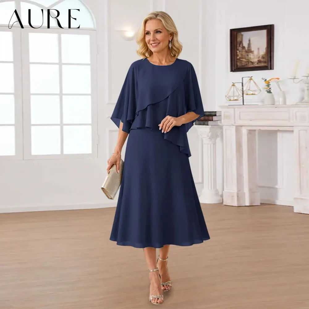 Aure Customized Chiffon Two Piece Mother Of Bride Dress Midi Round Neck Asymmetric Ruffle Cape Top A Line Formal Party Prom Gown