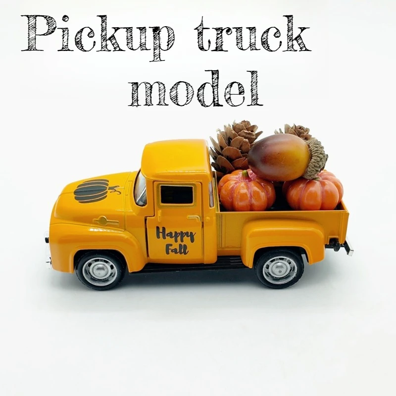 

Винтажный пикап, классическое украшение автомобиля, желудь, тыква, сосна, модель, детская игрушка, настольное украшение 1:36