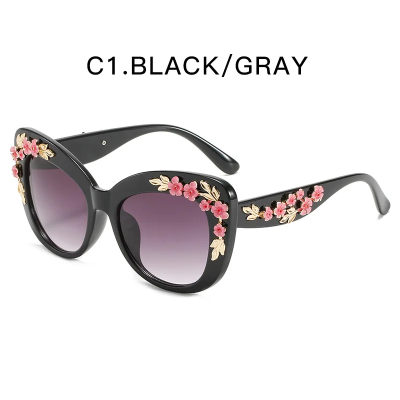 Damen-Katzenaugen-Sonnenbrille, Blumen-Stil, einfarbige Sonnenbrille, UV400, Sommer, heller Stil, dekorative Brille