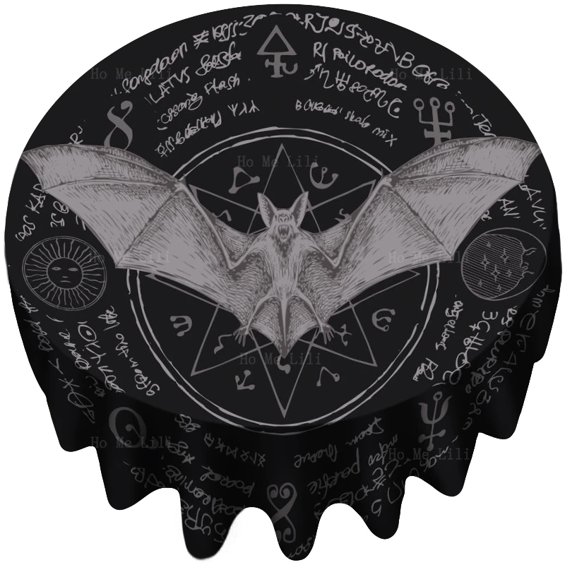 Bat Flying Vampire On The Background Of A Star And Magical Inscriptions Tribal Style Elephant Over Mandala Round Tablecloth