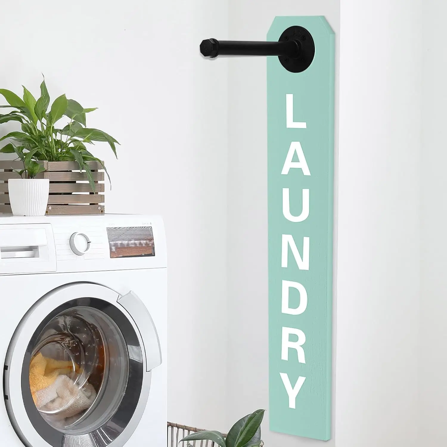 

Farmhouse Wall Mounted Laundry Rack with Swing Arm Rods and Green Hooks for Drying Organization