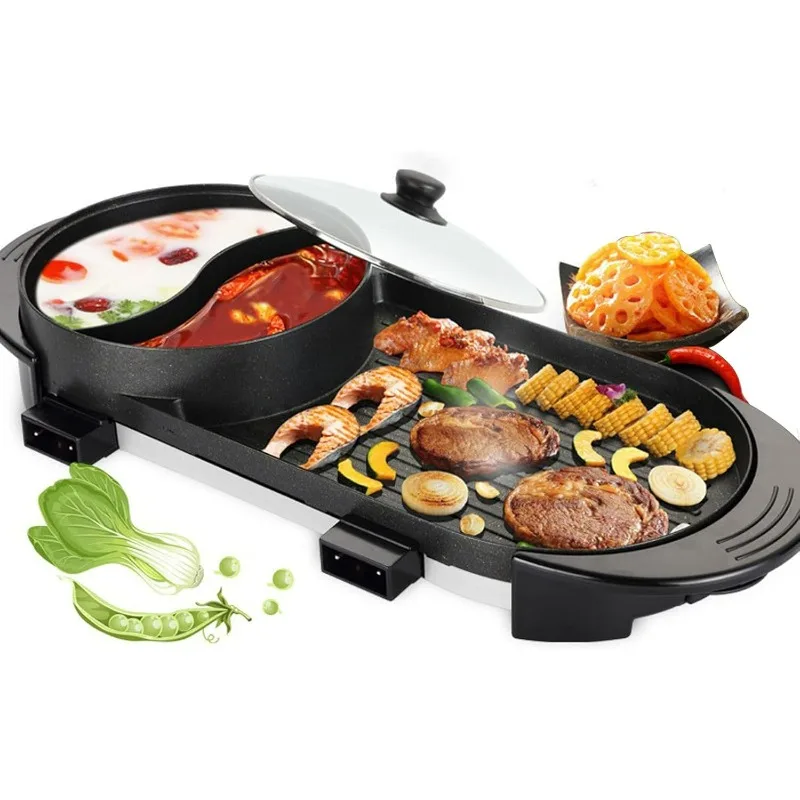 Electric Grill and Hot Pot,2 in 1 Multi-functional Indoor Smokeless Korean BBQ Grill Teppanyaki Hot Pot with Independent Dual