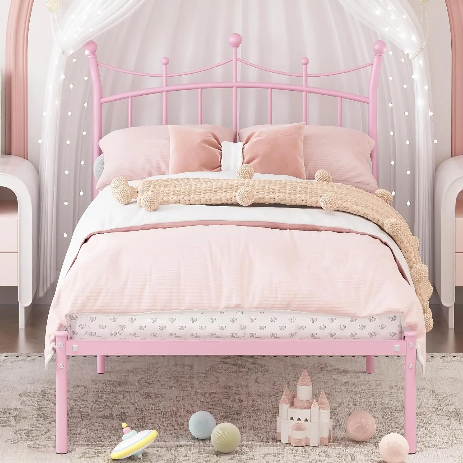 Princess Twin Bed Frame with Crown Headboard, Heavy Duty Metal Platform, Easy Assembly, Light Pink