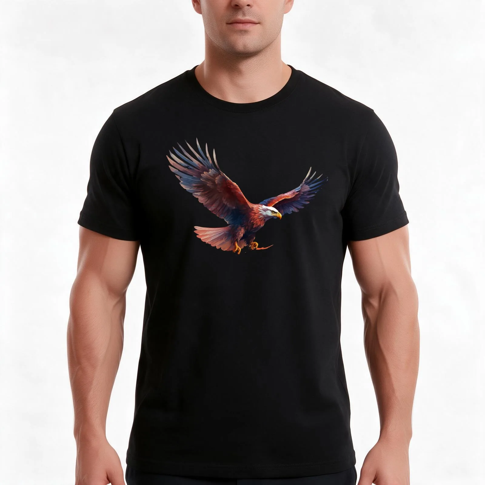 Flying Eagle Sticker T-Shirt, Summer Casual Cotton Tee, Oversized Streetwear Tops, Vintage Graphic Print, Loose Fit Short Sleeve