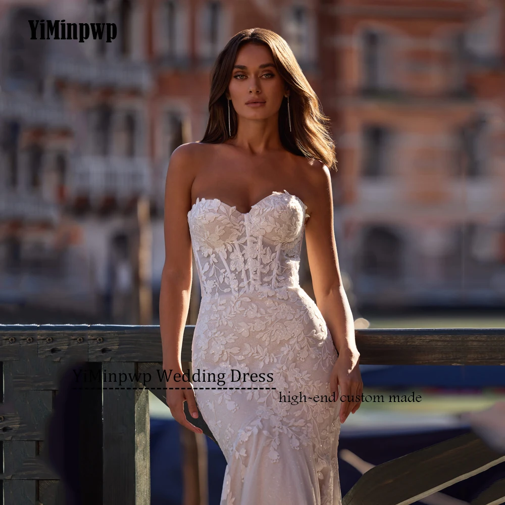 Luxe kanten trouwjurk lieverd zeemeermin strand bruidsjurken glanzende applique trouwjurk vestidos de novia aangepast