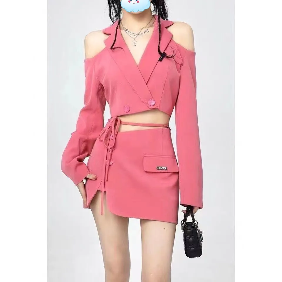 Women Off Shoulder Blazers Skirts Suits Pink Casual Jackets and Skirt Outfit 2 Pieces Sets Female Tops Fashion Street Clothes