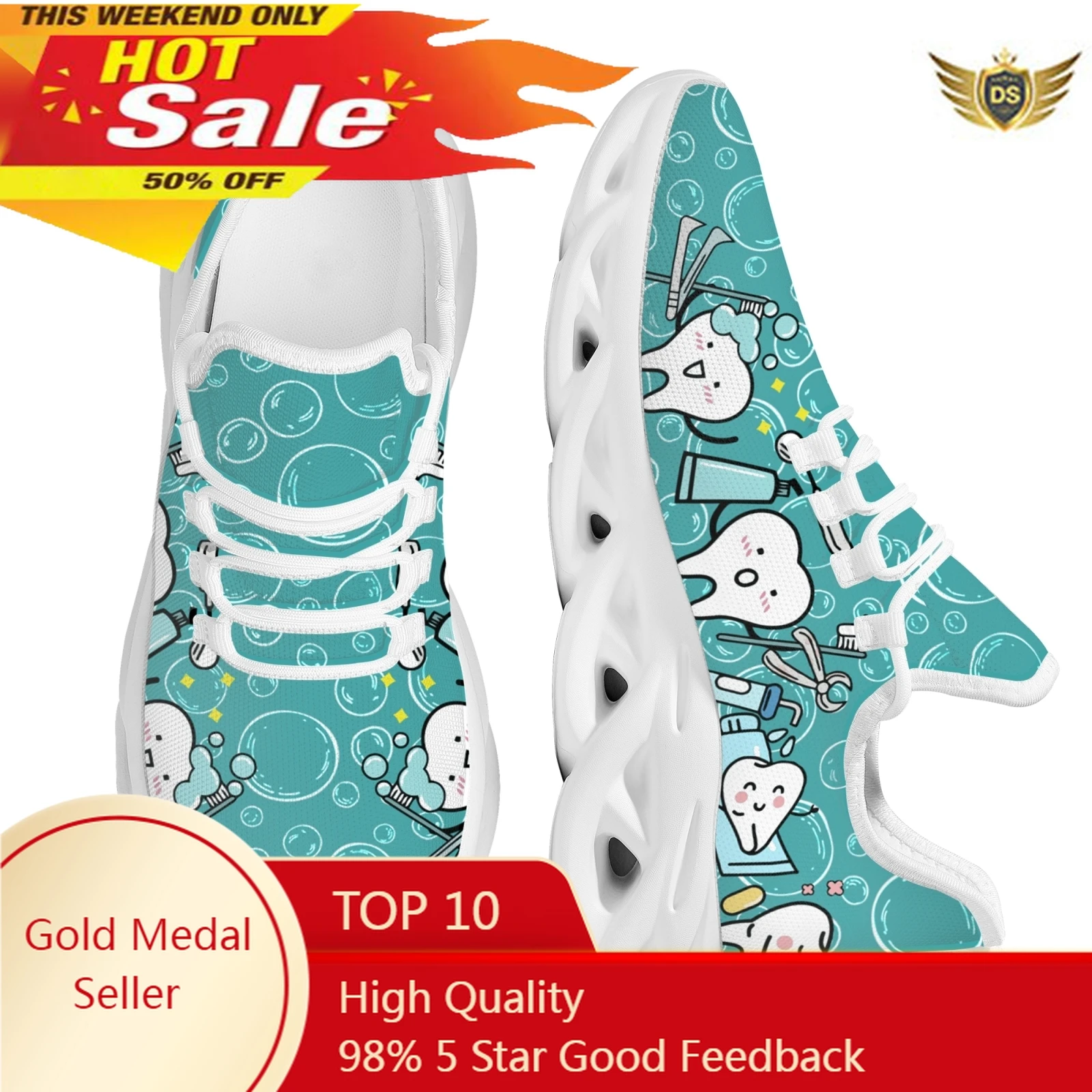 Casual Women's Dental Shoes Funny Teeth Dentist Design Flats Lace-up Sneakers Spring Breathable Beach Walking Shoe