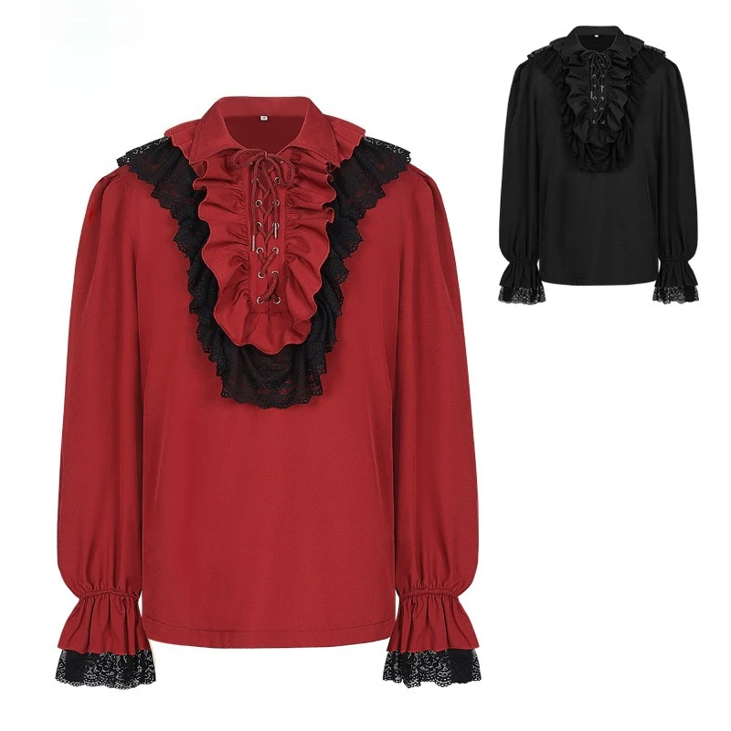 

Новые мужские винтажные рубашки с оборками и длинными рукавами, средневековый придворный стиль, готическая кружевная рубашка с воротником с лацканами, легкая рубашка