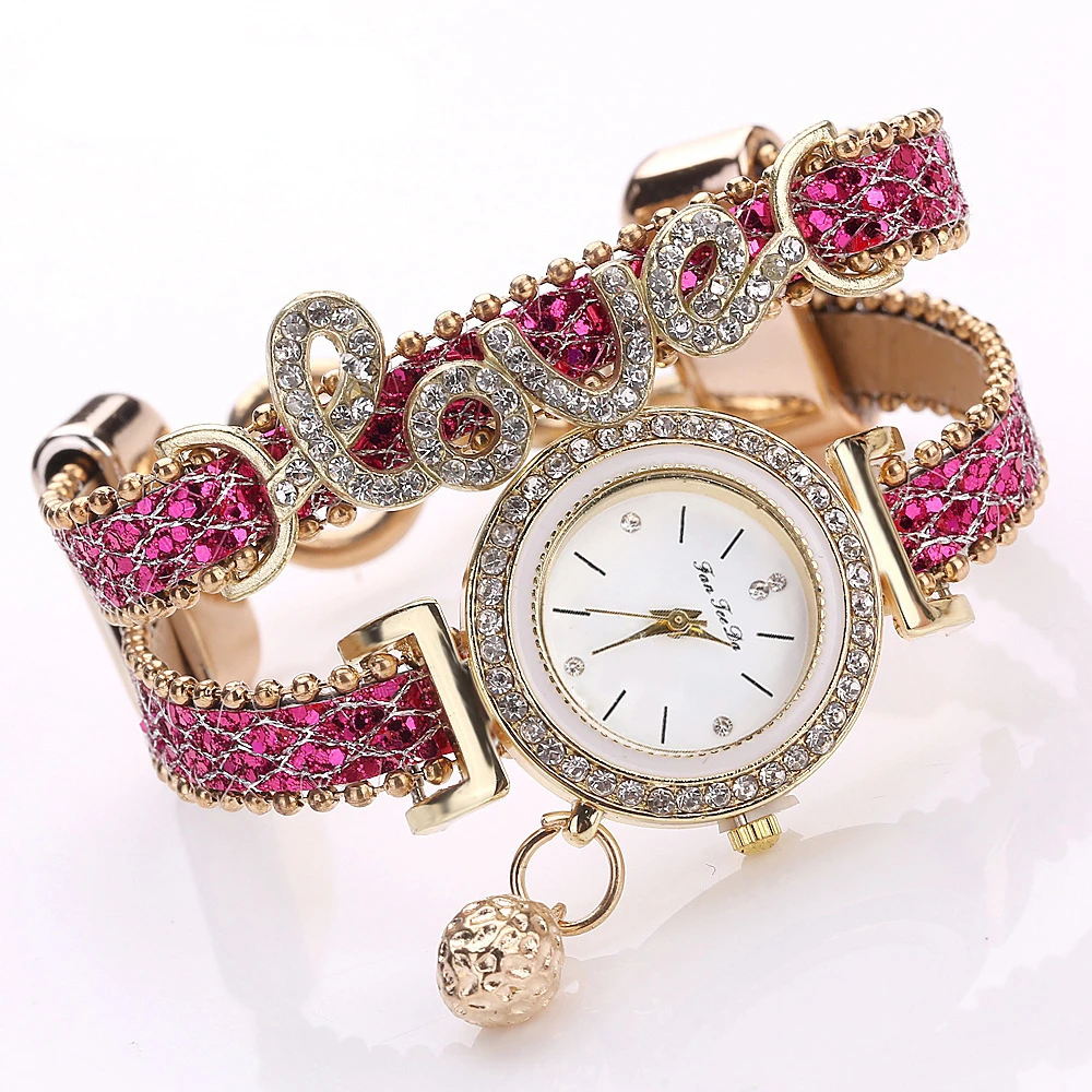 Hot Sale Fashion Love Style Rhinestone Wrap Leather Women Wrist Watch women watches luxury