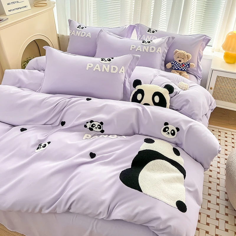 Comforter Sets Ins Style Bedding Set Panda Single Flat Sheet Duvet Cover Pillowcase Purple Towel Embroidery Queen Size Bed Linen