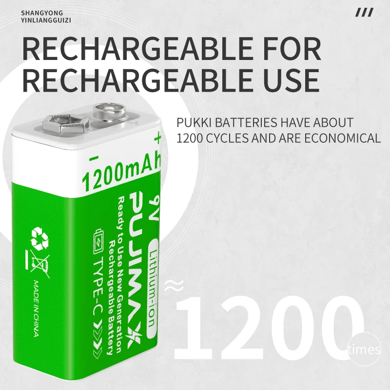 PUJIMAX 9V Battery1200mAh li-ion Rechargeable battery Type-C Batteries  9V lithium for Multimeter Microphone Toy Remote Control