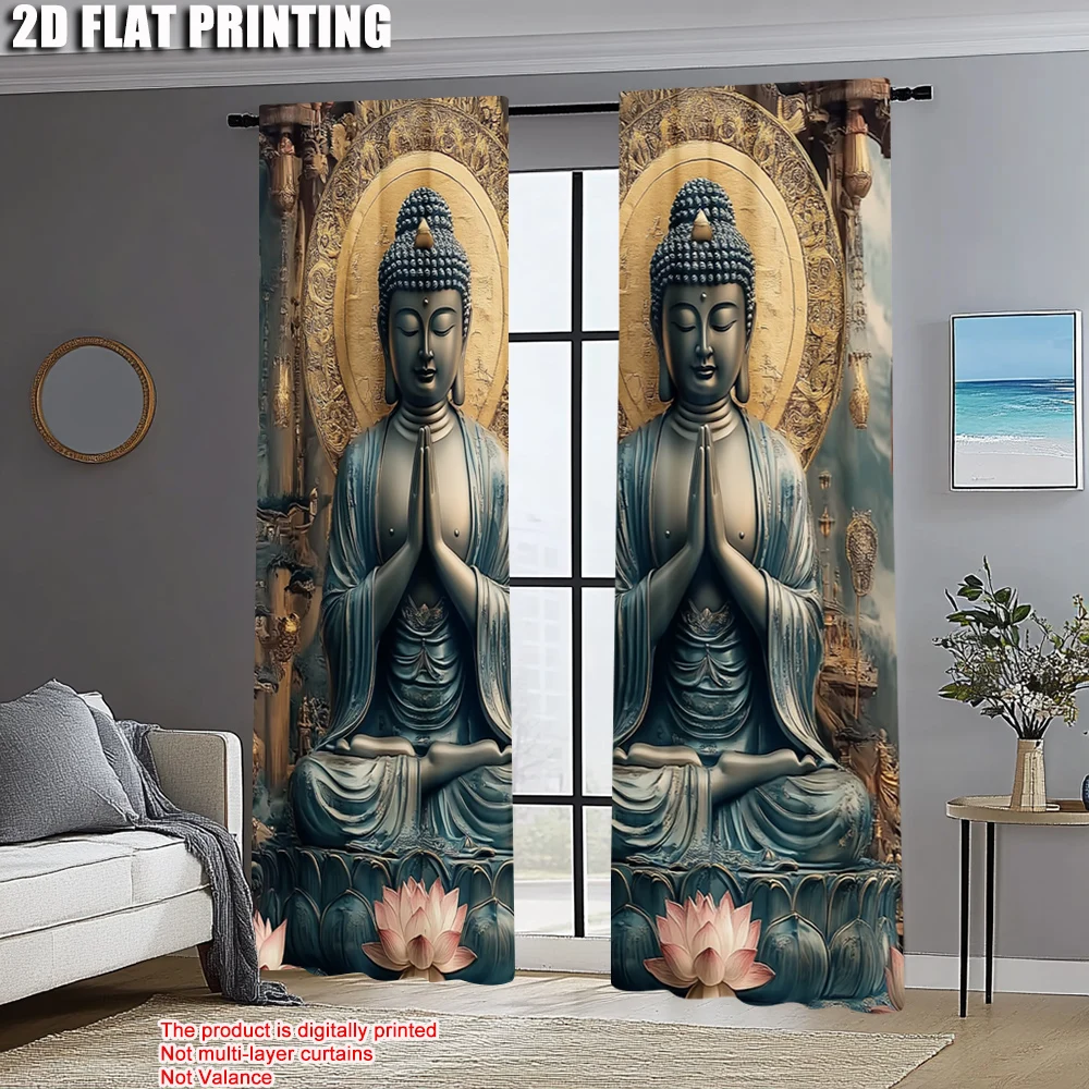 2pcs, Curtains&Window Treatment 2D plane printing Buddha Versatile Polyester (without rod) Gifts Perfect for Bedroom, Kitchen,