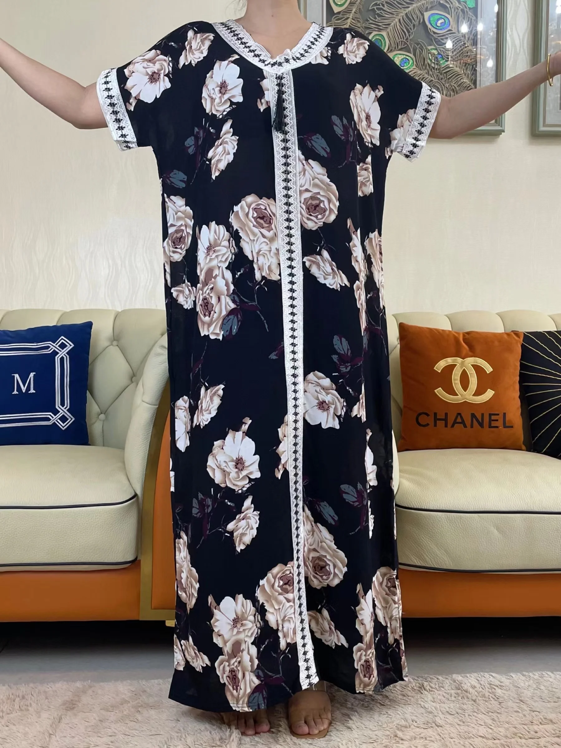 2023Muslim Fashion  Summer Short Sleeve Dresses Floral Print Colorful Boubou V-Neck Maxi Islam Women Dress African Abaya Clothes