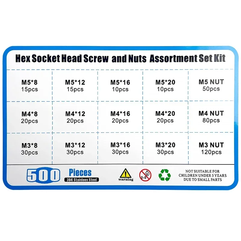 500pcs/Box Allen Bolt Screw Hexagon Hex Socket Button Head Round 304 Stainless Steel M3 M4 M5