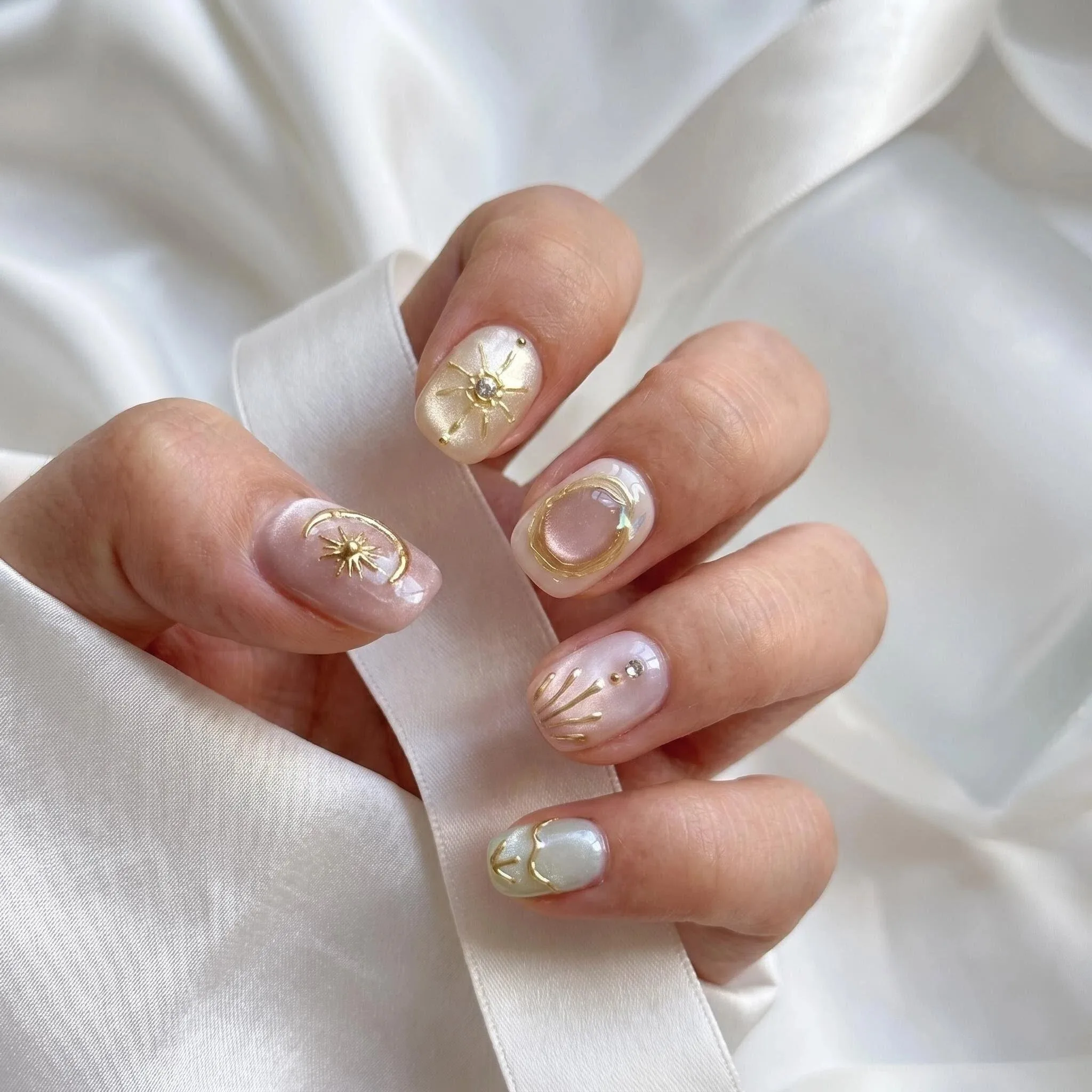 10pcs/bag Aurora Fairycore Shimmer With Glitter & Rhinestone Embellishments Handmade Premium Press On Nails Short Square-Oval
