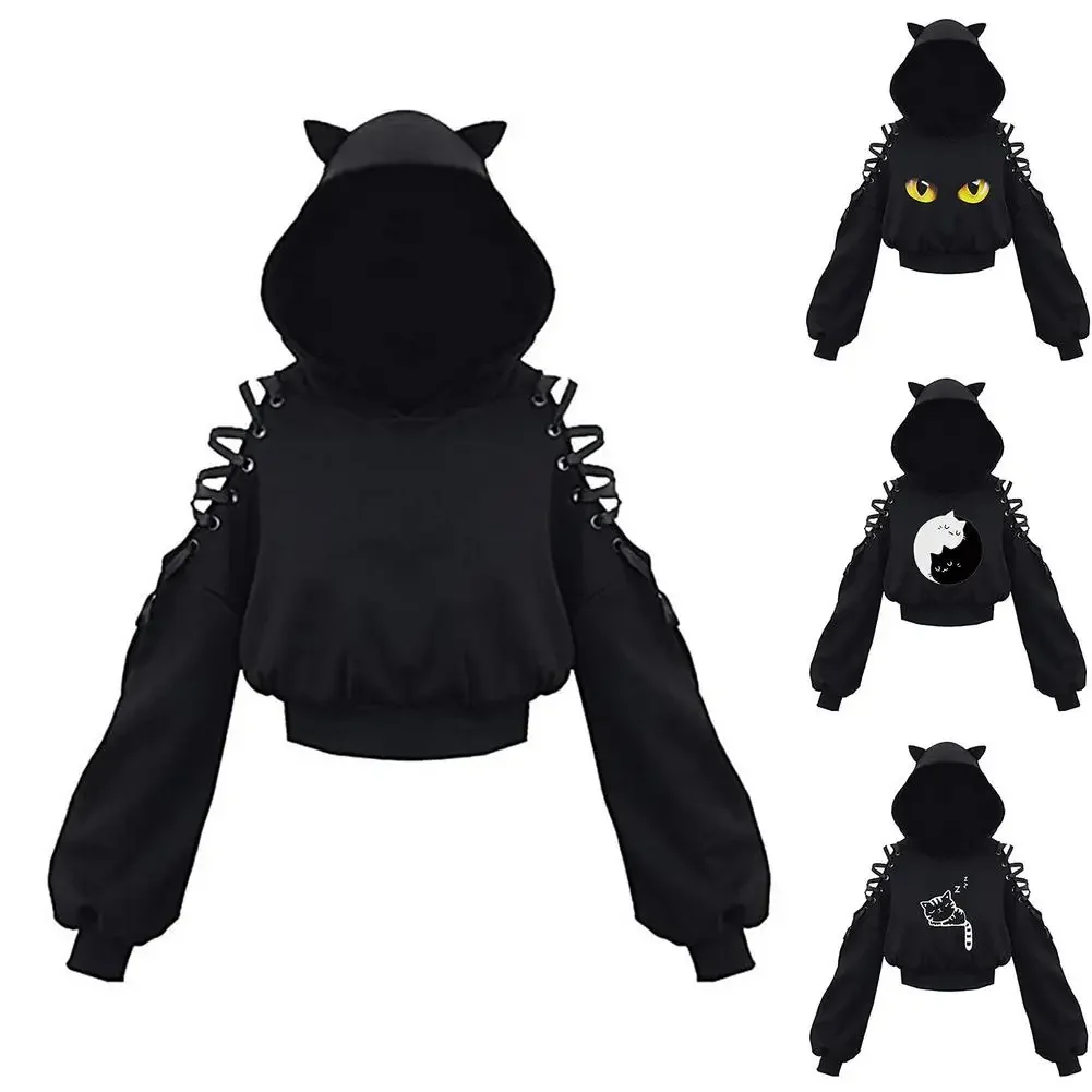 

Harajuku Women Summer Top Long Sleeveless Cute Cat Ear Hooded Pullover Lace Up Sweatshirt Hollow Out Lace Up Hoodies Short Top