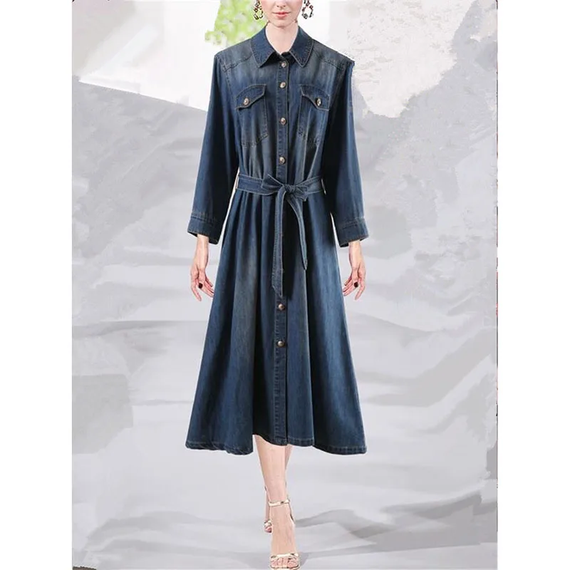 

Women Dress 2023 High Quality Runway Turn-down Collar Long Sleeves Elegant Jeans Dress Casual Denim Dresses NP1899Y