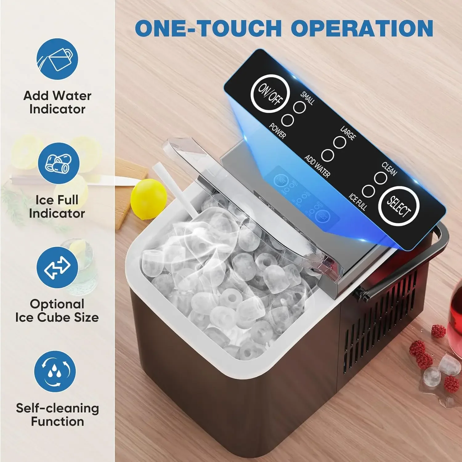 Self-Cleaning Countertop Ice Maker com colher de gelo conveniente, cesta removível e alça resistente, faz 9 cubos de gelo em apenas 6 m