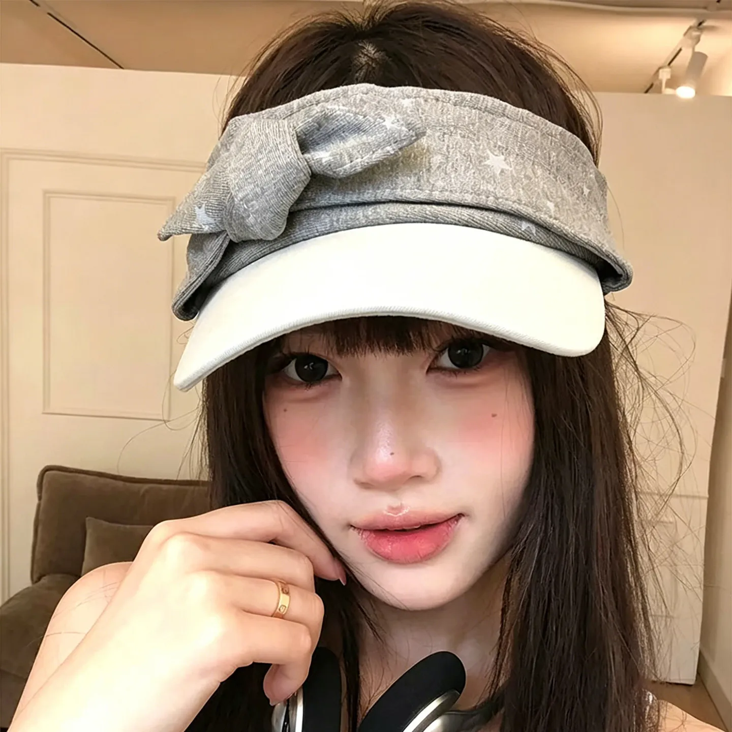 Y2K Korean Sweet Girl Star Pattern Bow Tie Visor Ladies Lightweight Hollow Top Sun Cap Outdoor Sports Hairband Harajuku Hat