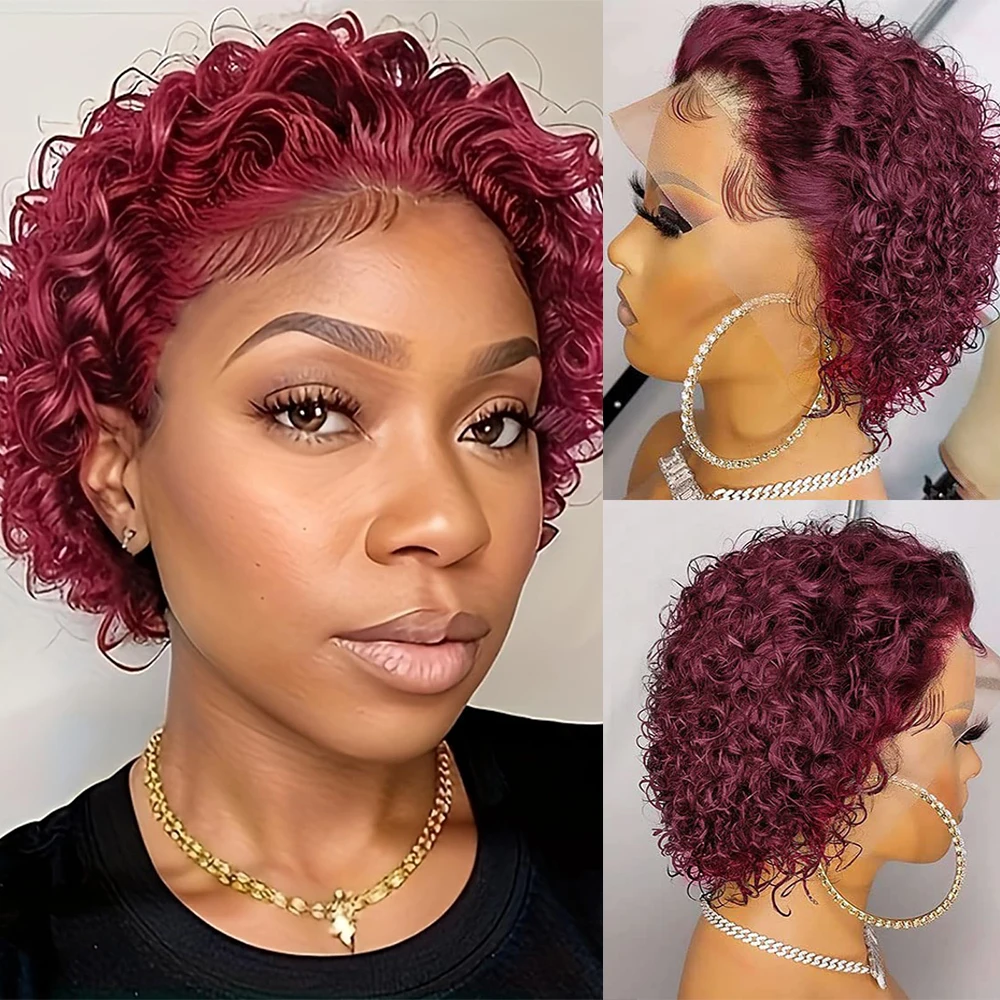 

13x1 Lace Curly Wigs Short Burgundy 13x1 Brazilian Human Hair Wigs 99J Pixie Cut 13x1 Lace Frontal Wig For Women Hair Extensions