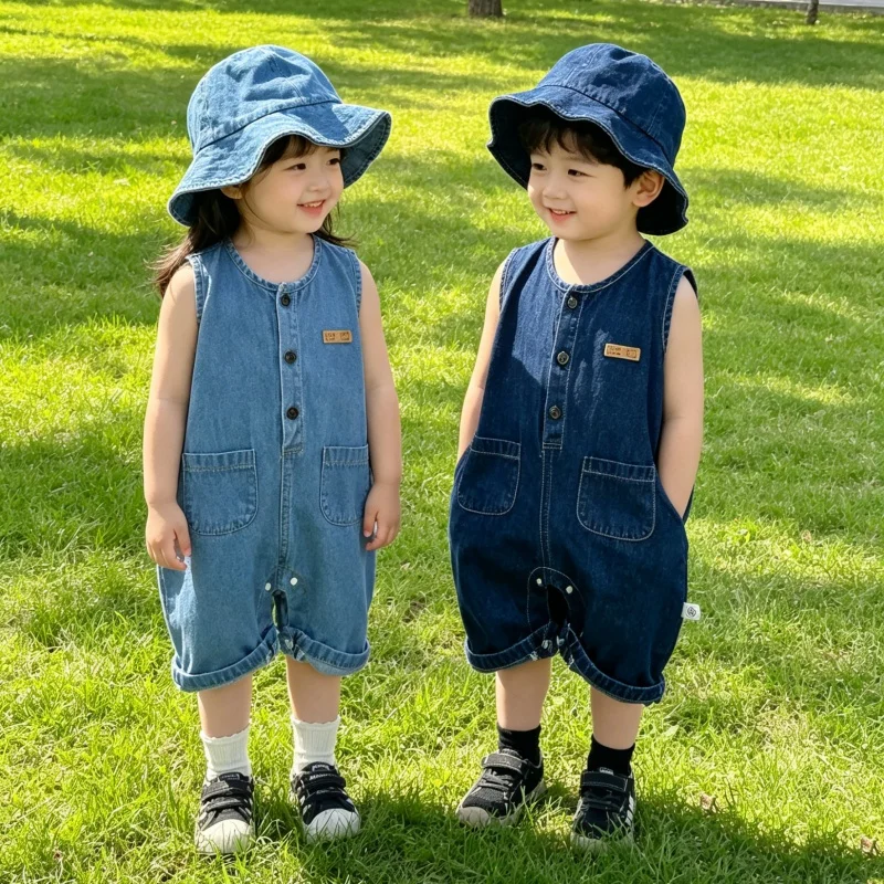 

New Summer Baby Rompers 3-24M Solid Color Girls Denim Overalls + Hat Loose Boys Clothes Thin Toddler One Piece Summer Vacation
