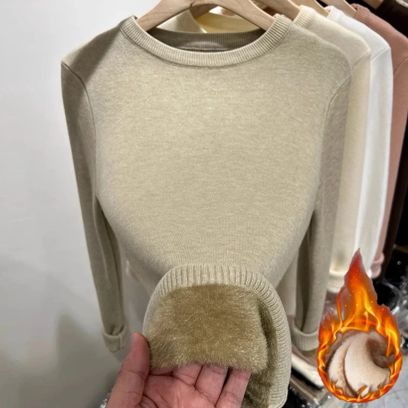 

2025 Autumn Winter O-neck Knitted Pullover Women Solid Thicken Sweaters Loose Warm Long Sleeve Casual Fleece Lined Soft Pullover