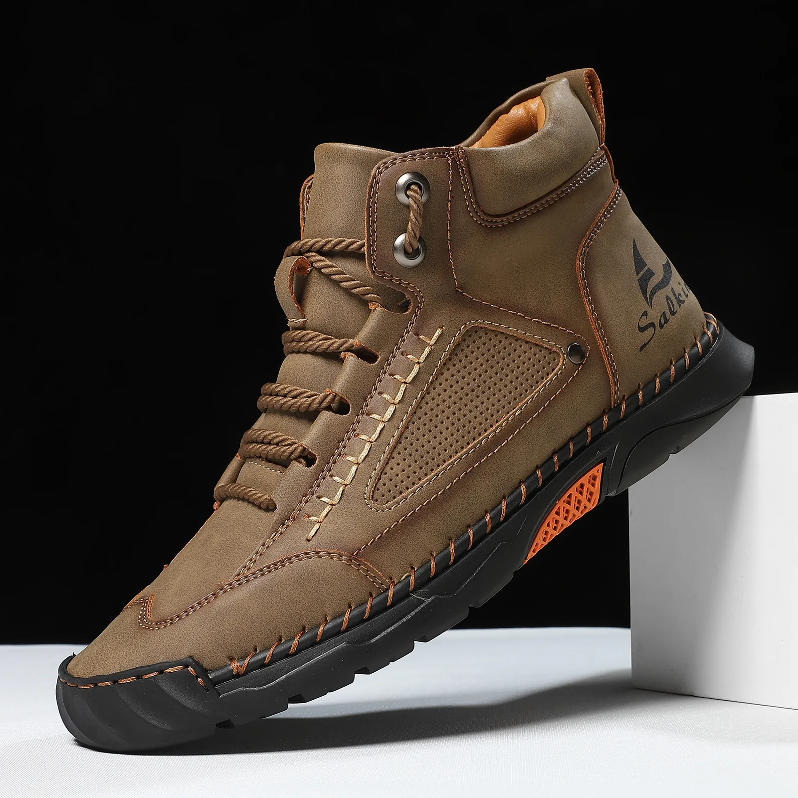 

2026 Spring Ankle Boots Plus Size Men's PU Leather Ankle Boots Hand Stitched Flat Lace Up Casual Fashion Shoes