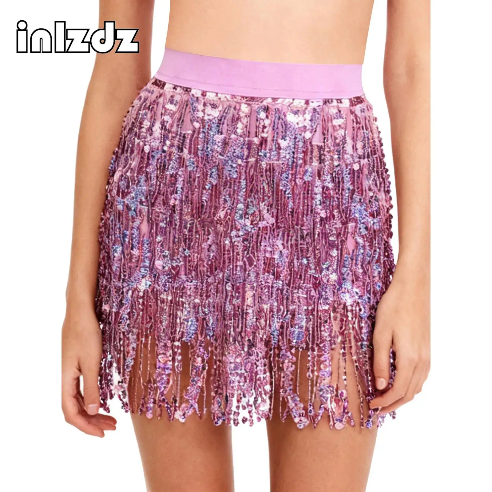 

Womens Latin Tango Dance Costume Shiny Sequin Fringe Miniskirt Tiered Sequin Tassel Elastic Waistband Skirt for Stage Show Party