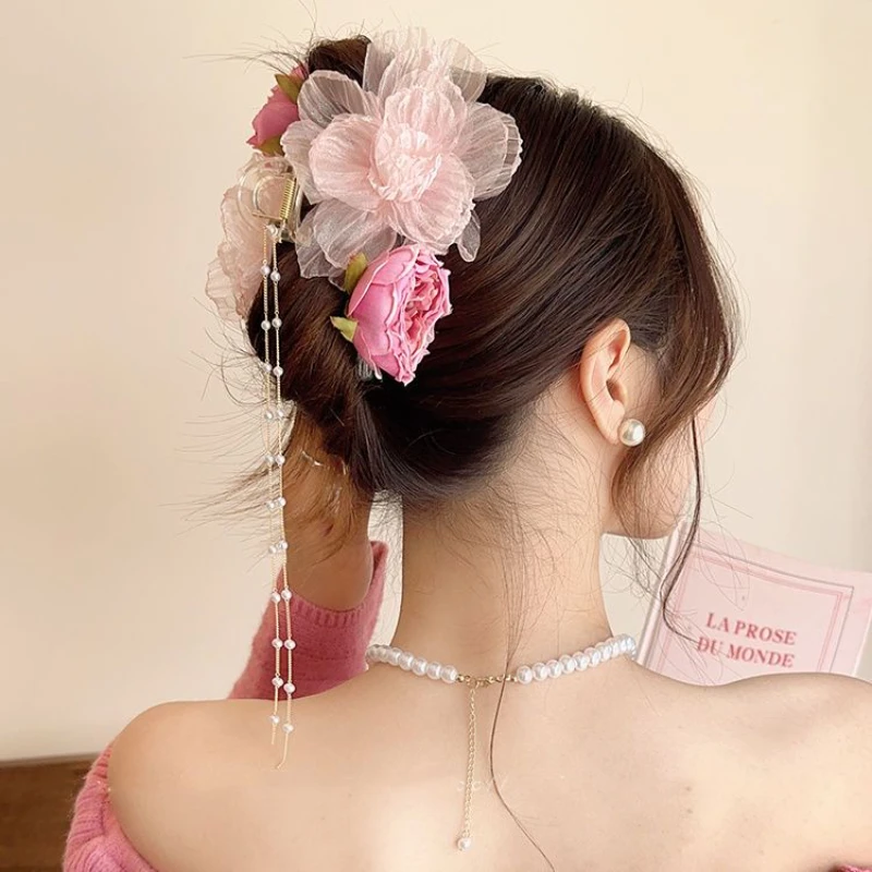 Sweet Fashion Tassels Flower Large Size Hair Clip for Women 2026 New Girls High-end Three-dimensional Romantic Shark Hair Claw