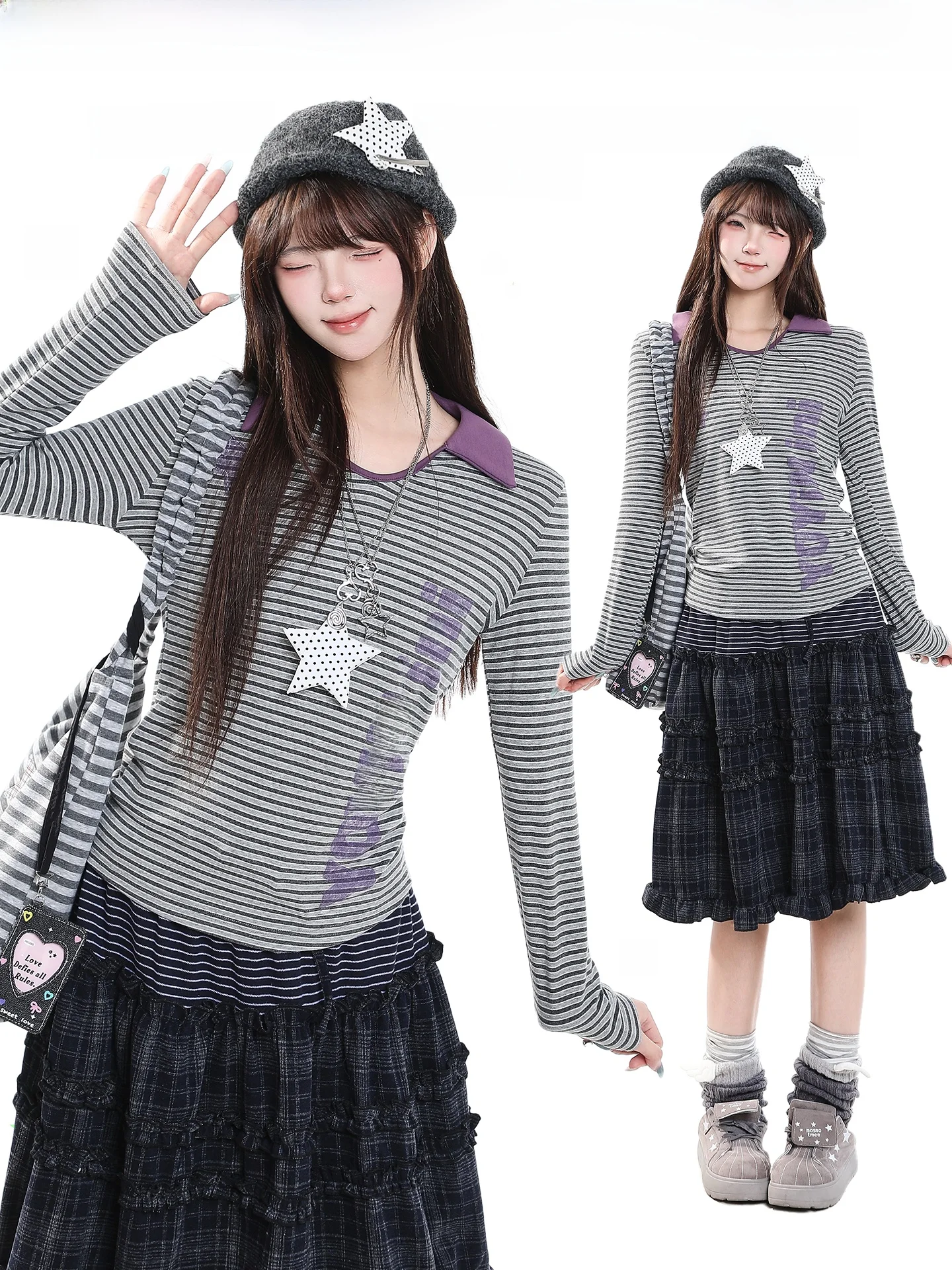 Retro American Striped Long Sleeve T-Shirt Women's Casual Slimming Design Sensation Overhead Top Autumn Fashion Ladies' Clothing
