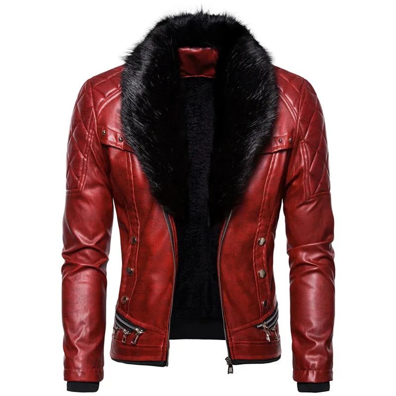 Men's Motorcycle Leather Jacket Vintage Rivet Design Red Military Flight Coat Winter Fleece Faux Leather Bomber Punk Style