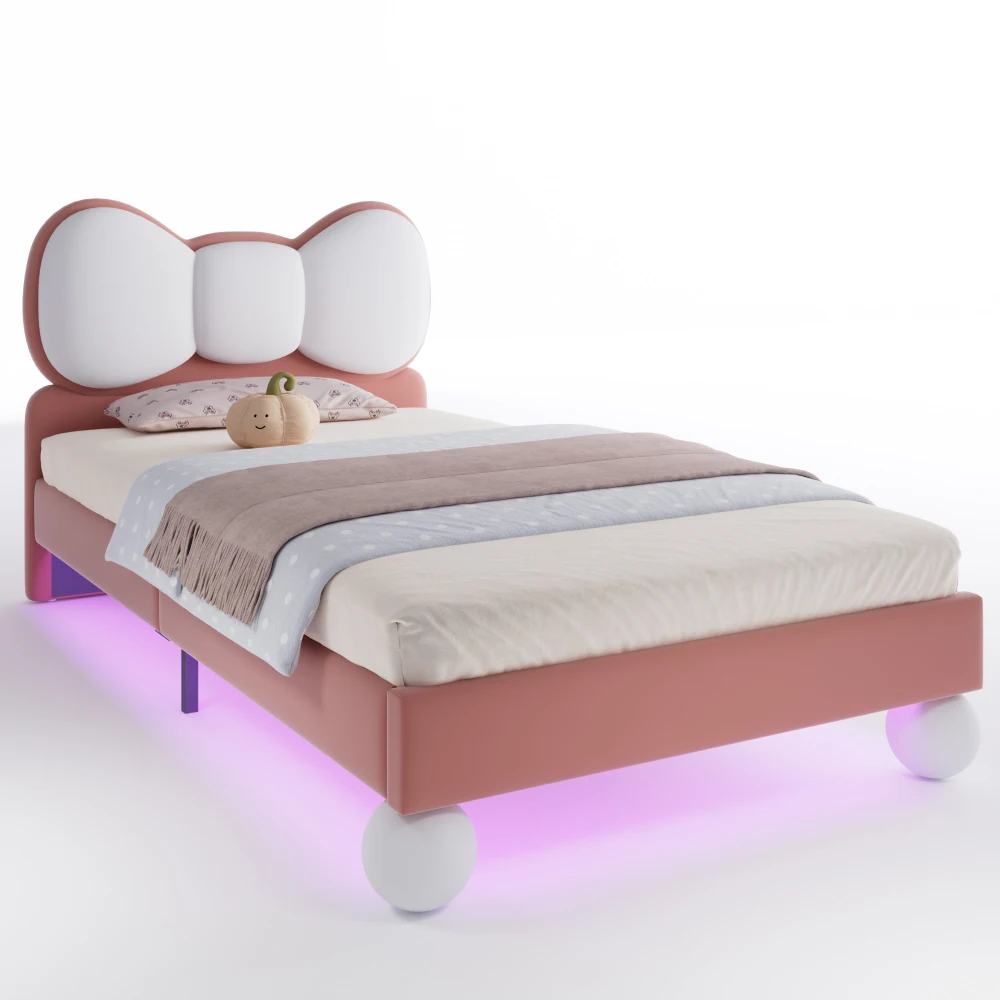 PINGGO Kinderbett, Einzelbett, 90 x 200 cm, Samt-Kopfteil in Fliegenform, Farbe, verstellbares LED-Licht, stabile Latten, ohne Matratze – Detail 11