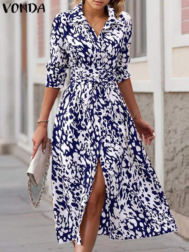 Plus Size VONDA Women Elegant Printed Long Dress 2024 Autumn Bohemian Long Sleeve Belted Casual Midi Sundress Loose Shirt Robe