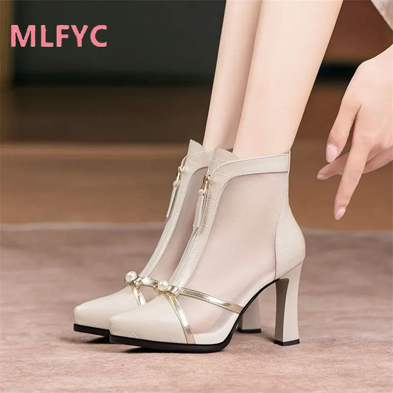 Waterproof Platform Sandals Women\'s Spring Summer 2023 New Mesh Shoes female Apricot Hollow Bow High Heels ladies Single Shoes