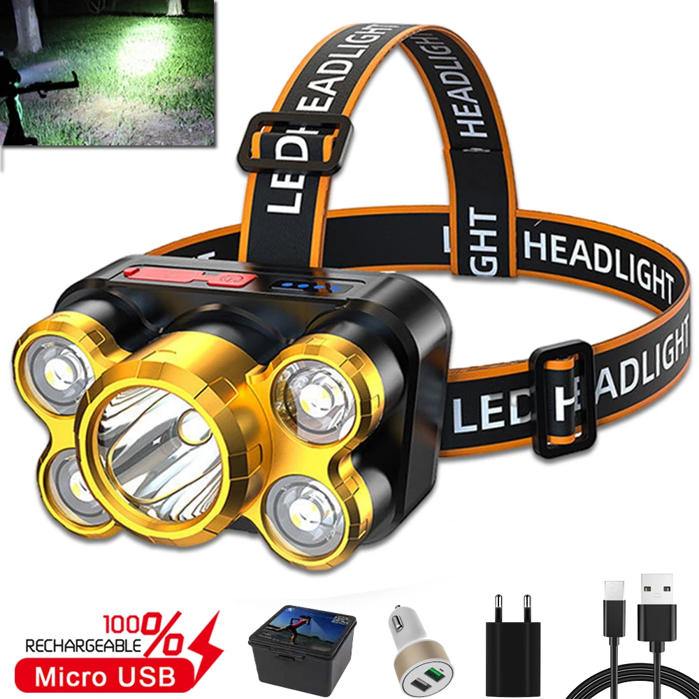 

USB Rechargeable 5LED Headlamp Built-in Battery Headlight Outdoor Waterproof Head Flashlight Long Range 350M Fishing Light Torch