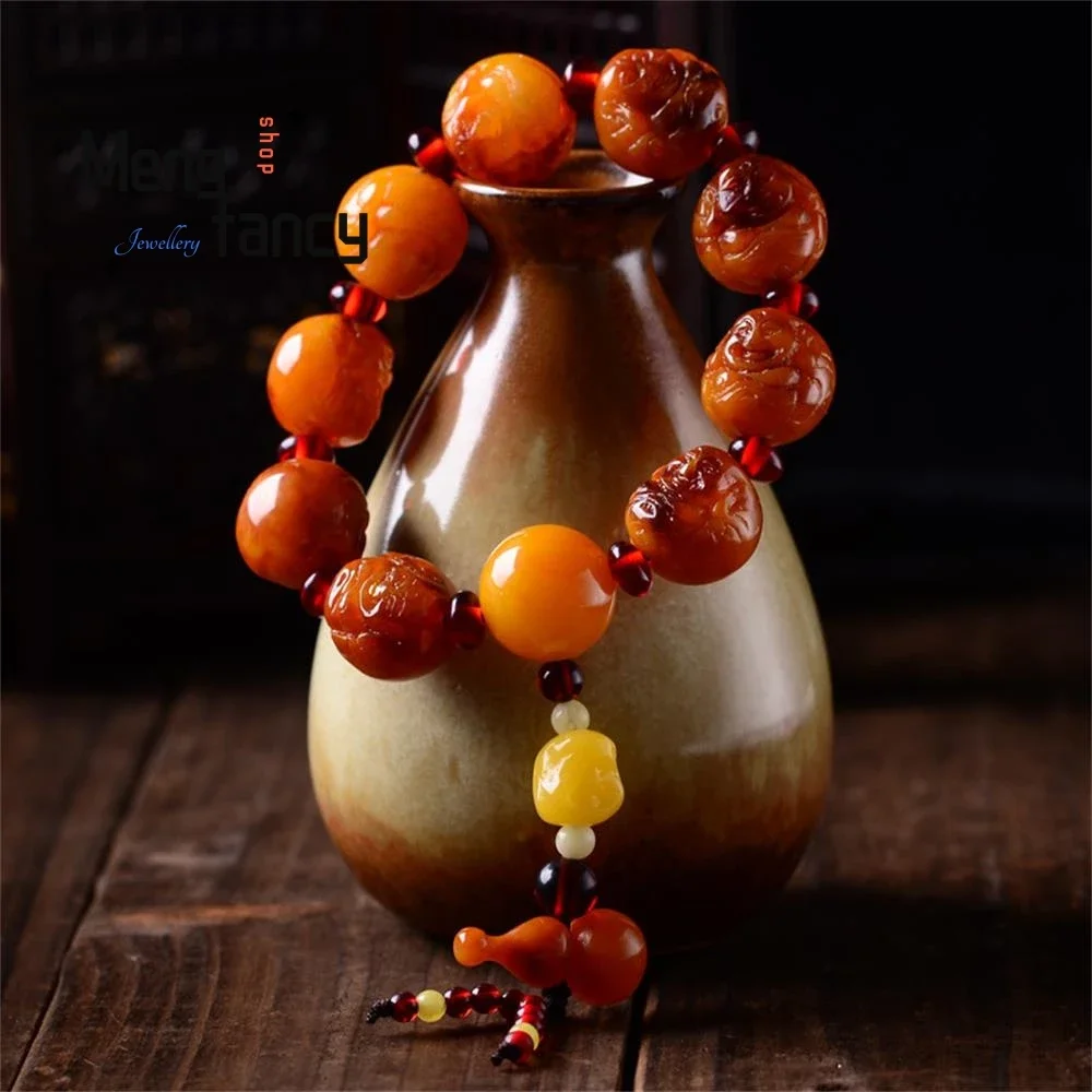 

Baltic Old Beeswax Amber Raw Stone Chrysoprase Buddha Head Bracelet Natural High-grade Fashion Jewelry Best Selling Holiday Gift