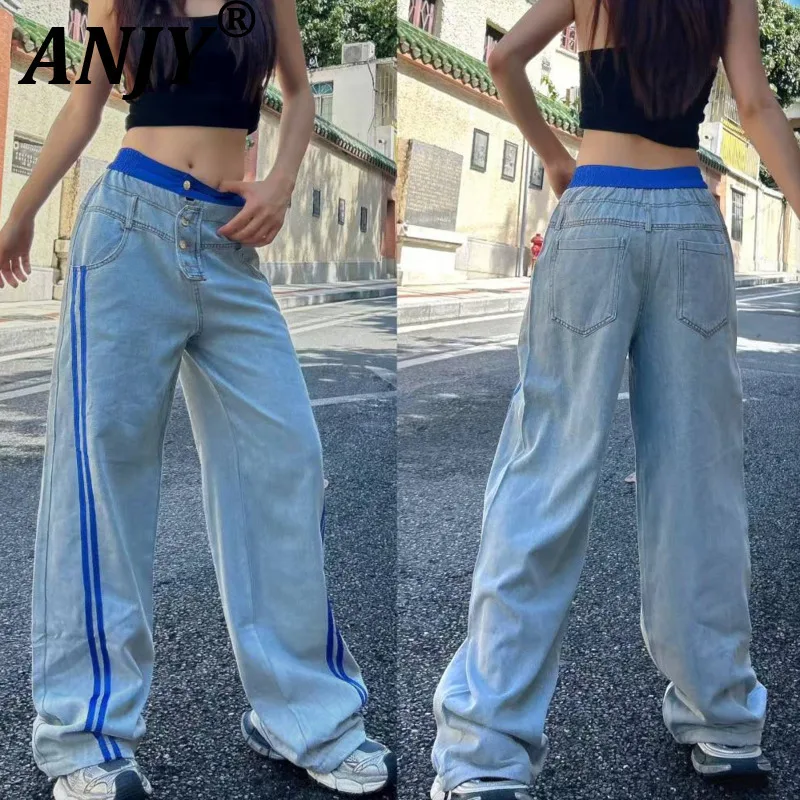 

ANJY Autumn New Women Trendy Jeans Patchwork Denim Contrast Color Pockets Streetwear Stylish Elegant Y2K Chic Casual Pants A9990