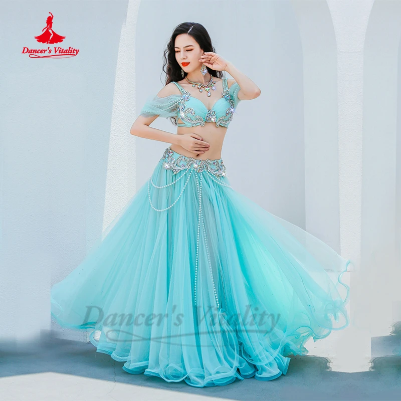 Belly Dance Performance Costume Senior AB Stones Bra Top+yarn Long Skirt 2pcs Customsized for Women Belly Dancing Popsong Suit