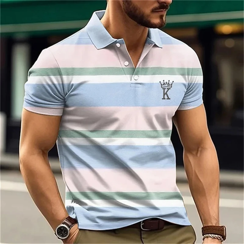Fashion Color Stripe Print Men's Polo T Shirt Summer Lapel Short Sleeve Tops Funny Letter Pattern Tees Business Casual Golf Wear
