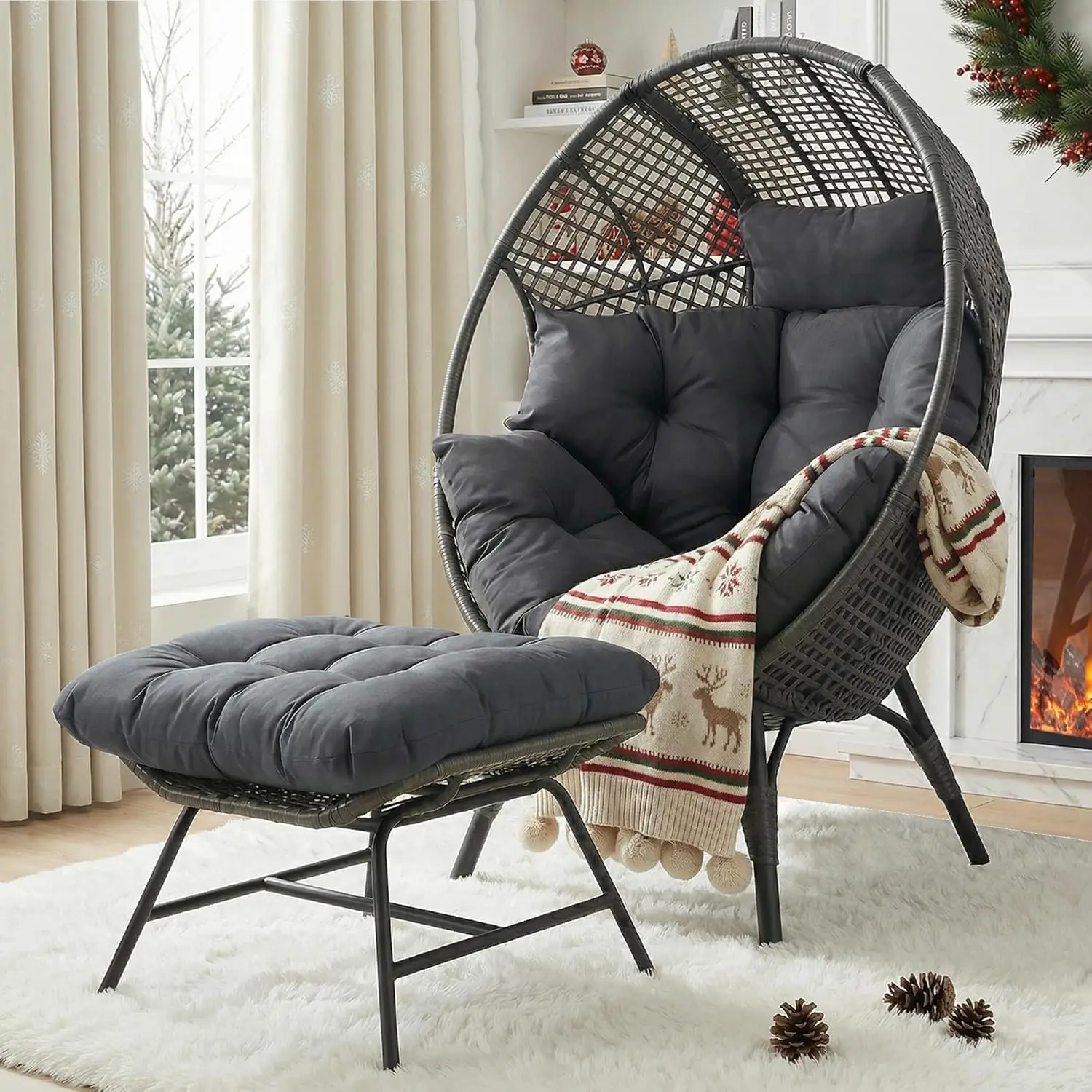 

Кресло-яйцо с подставкой для ног, плетеное кресло-шезлонг для патио с оттоманкой, увеличенное кресло-яйцо из ротанга с ножками для использования в помещении, на заказ