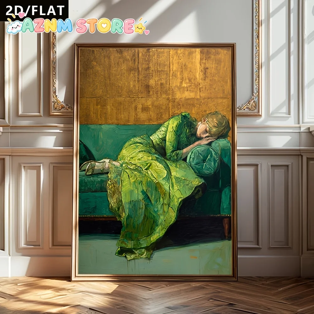 2027 1pc 2D/Flat 1pc A Woman Wearing a Green Long Dress Is Lying on The Dark Green Sofa, with Oil Painting Style Decor Painti