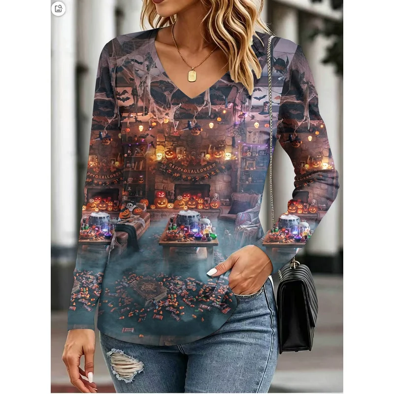 Autumn and winter retro dark Halloween women's clothingVCollar Long SleeveTPrinted shirt casual versatile top
