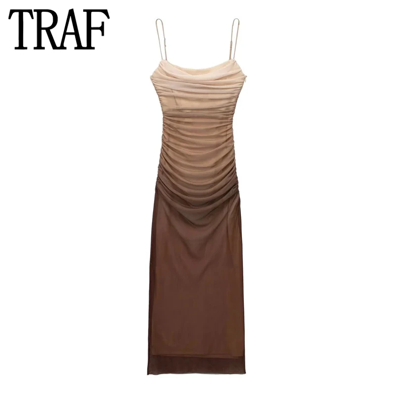 Imagem -04 - Traf-vestido Longo de Tule Feminino Bodycon sem Costas Ruched Vestidos de Festa Sexy Vestidos de Noite Verão 2023