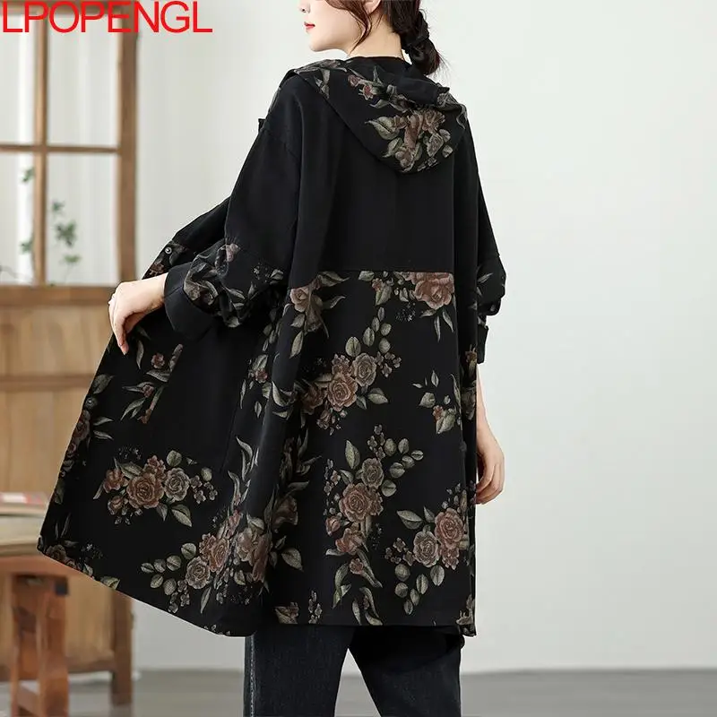 Ethnischer Stil, Retro-Blumen-Patchwork, große Tasche, Denim-Trenchcoat für Damen, lockere und schlankmachende Strickjacke mit Kapuze