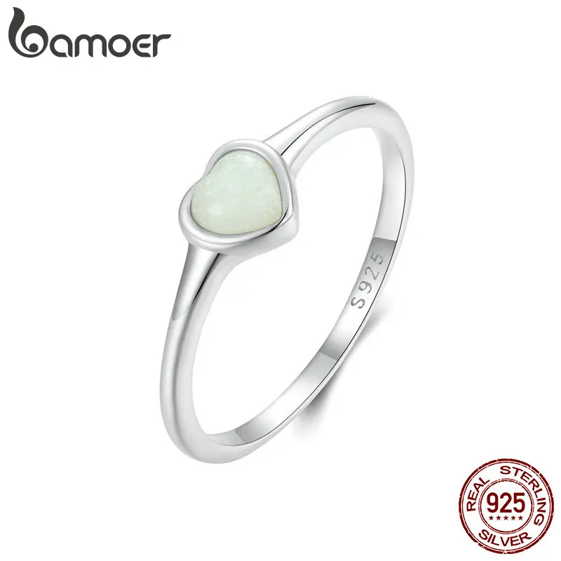 BAMOER Luminous Heart Signet Ring Platinum Gold Plated | 925 Sterling Silver Dainty Pinky Ring Promise Ring Birthday Gift