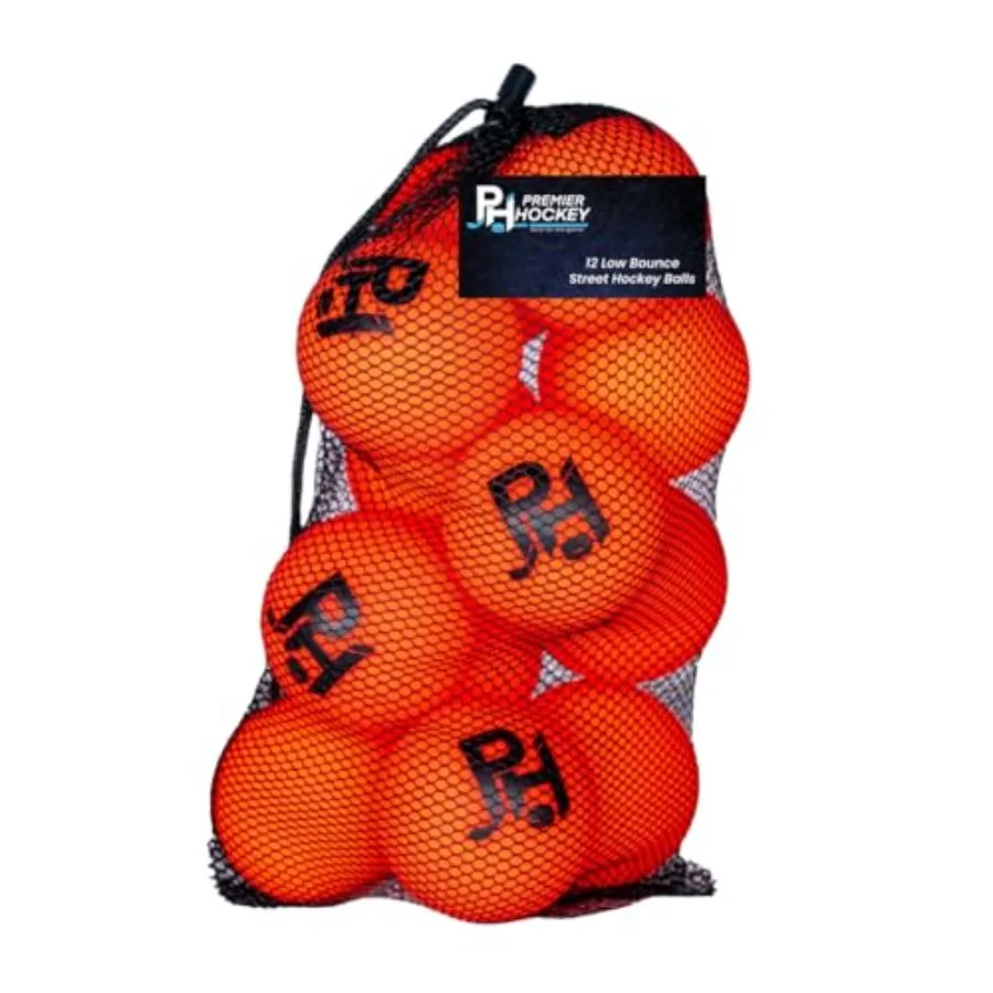 12-Pack All-Weather Street Hockey Balls Durable, Low-Bounce, High-Visibility Balls with Reusable Storage Bag Premier Regulation