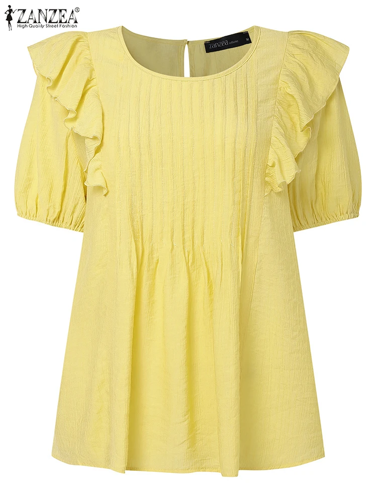 

2025 ZANZEA Summer Office Shirt Women Stylish Ruffled Blouse Elegant Short Sleeve Solid Pleated Tops Work Shirts Casual Blusas