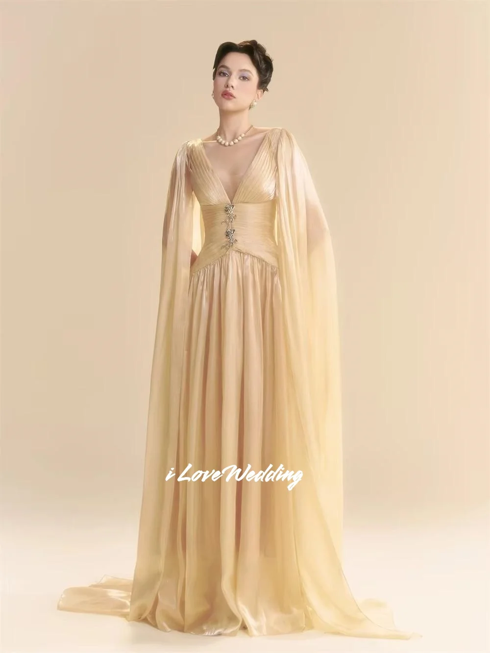 

Gold V-Neck Prom Dresses Shawl Flower A-Line Saudi Arabia Bespoke Occasion Dresses High Quality Floor-Length Pleated Customized