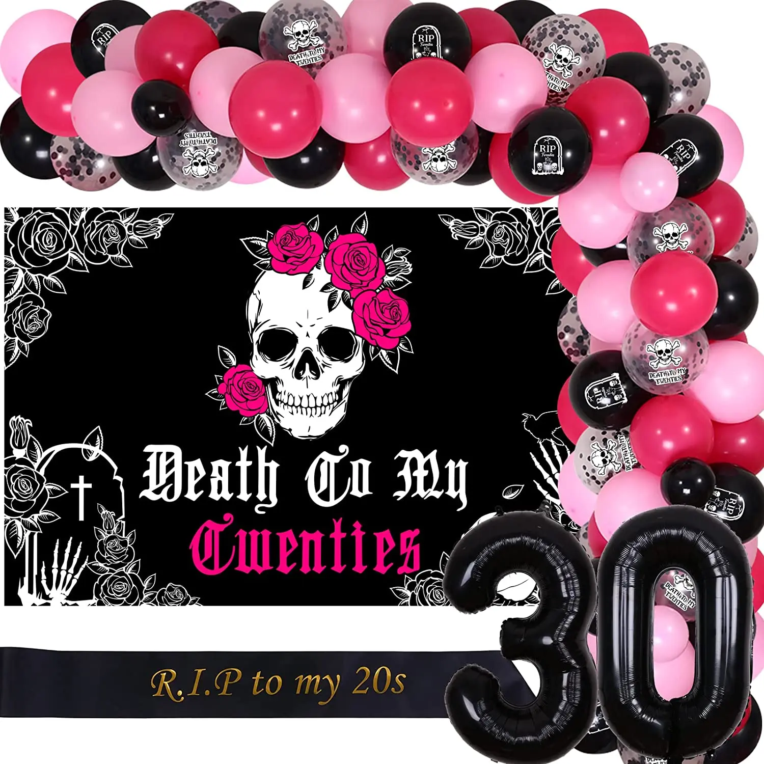 Death To My 20s Birthday Decorations for Him Her Rip To My Twenties 30 Birthday Supplies Black Balloon Garland Kit Backdrop Sash